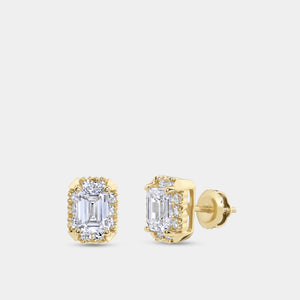 Gilded 1 and 1/10 Carat Lab-Grown Diamond Emerald-Cut Hidden Halo Stud Plus