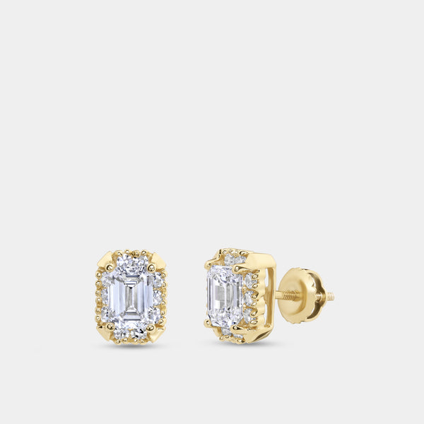 Gilded 1 and 1/10 Carat Lab-Grown Diamond Emerald-Cut Hidden Halo Stud Plus