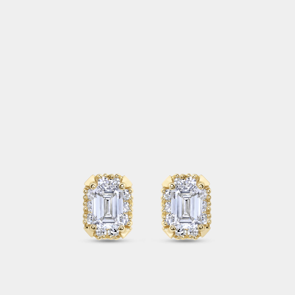 Gilded 1 and 1/10 Carat Lab-Grown Diamond Emerald-Cut Hidden Halo Stud Plus