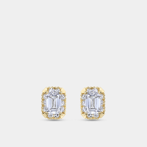 Gilded 1 and 1/10 Carat Lab-Grown Diamond Emerald-Cut Hidden Halo Stud Plus