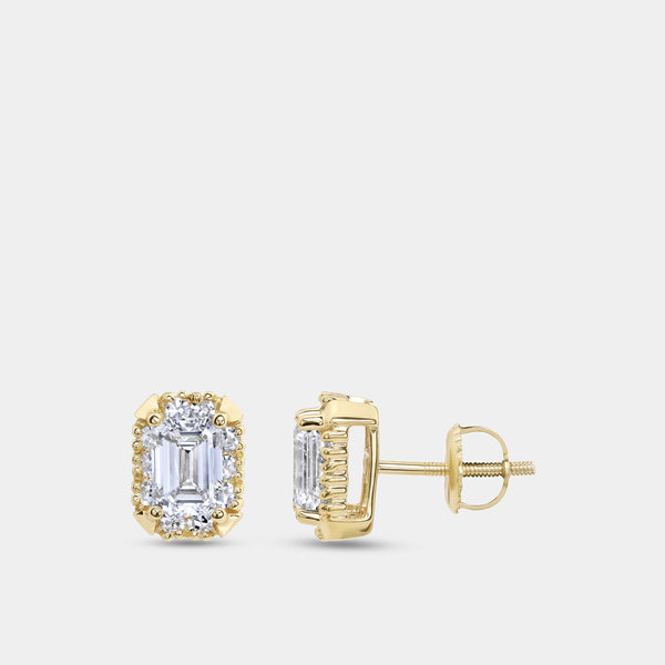 Gilded 1 and 1/10 Carat Lab-Grown Diamond Emerald-Cut Hidden Halo Stud Plus