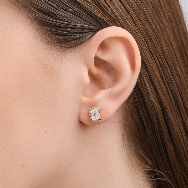 Gilded 1 and 3/4 Carat Lab-Grown Diamond Emerald-Cut Hidden Halo Stud Plus
