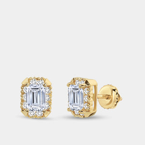 Gilded 1 and 3/4 Carat Lab-Grown Diamond Emerald-Cut Hidden Halo Stud Plus