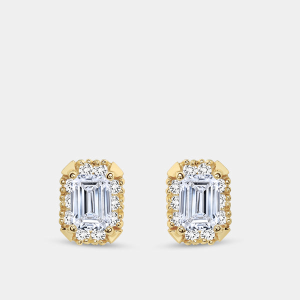 Gilded 1 and 3/4 Carat Lab-Grown Diamond Emerald-Cut Hidden Halo Stud Plus