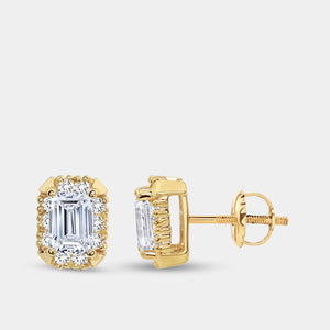 Gilded 1 and 3/4 Carat Lab-Grown Diamond Emerald-Cut Hidden Halo Stud Plus