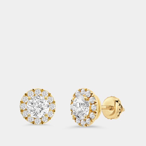 Gilded 2 Carat Lab-Grown Diamond Round-Shaped Stud Plus with a Petite Halo