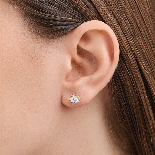Gilded 1 Carat Lab-Grown Diamond Round-Shaped Stud Plus with a Petite Halo