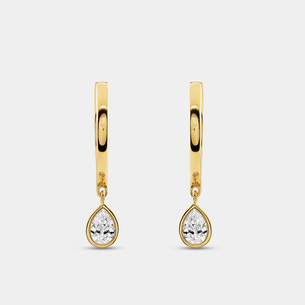 Gilded 3/8 Carat Lab-Grown Diamond Huggie Hoop Earrings with a Pear-Shaped, Bezel-Set Drop