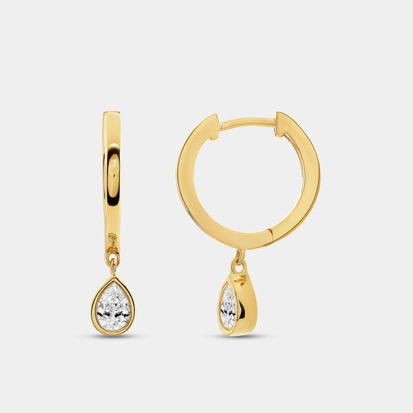 Gilded 3/8 Carat Lab-Grown Diamond Huggie Hoop Earrings with a Pear-Shaped, Bezel-Set Drop