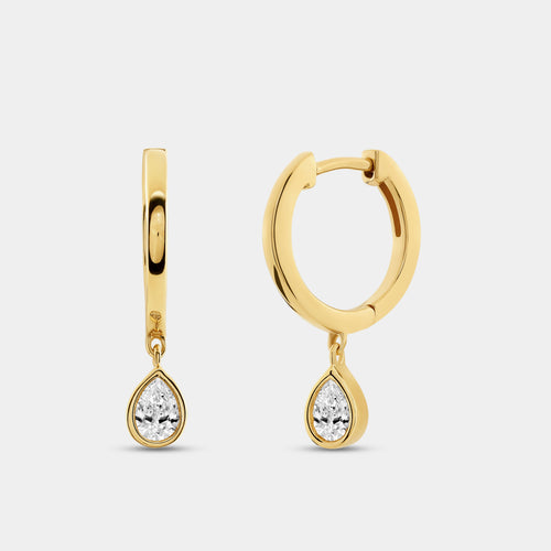 Gilded 3/8 Carat Lab-Grown Diamond Huggie Hoop Earrings with a Pear-Shaped, Bezel-Set Drop