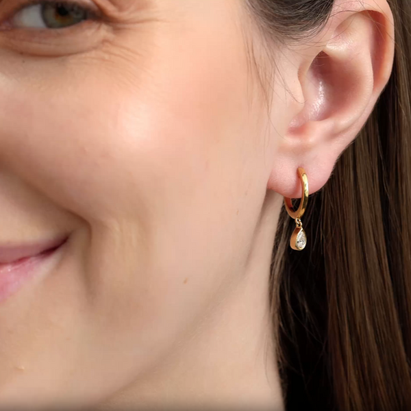 Gilded 3/8 Carat Lab-Grown Diamond Huggie Hoop Earrings with a Pear-Shaped, Bezel-Set Drop