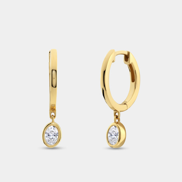 3/8 Carat Lab-Grown Diamond Huggie Hoop Earrings with a Oval-Shaped, Bezel-Set Drop — GILDED New York