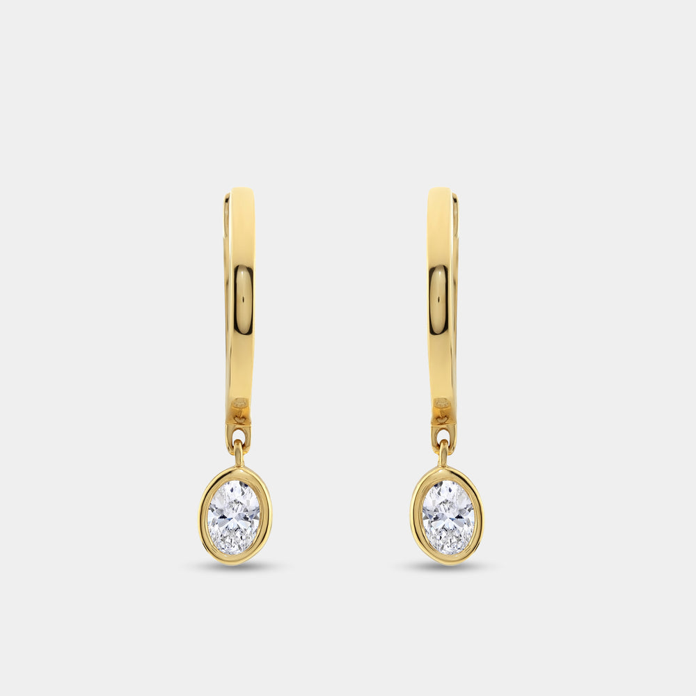 Gilded 3/8 Carat Lab-Grown Diamond Huggie Hoop Earrings with a Oval-Shaped, Bezel-Set Drop