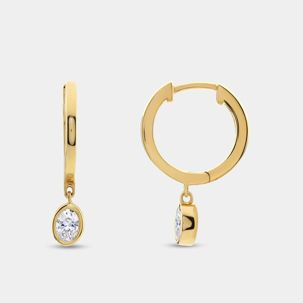 3/8 Carat Lab-Grown Diamond Huggie Hoop Earrings with a Oval-Shaped, Bezel-Set Drop — GILDED New York