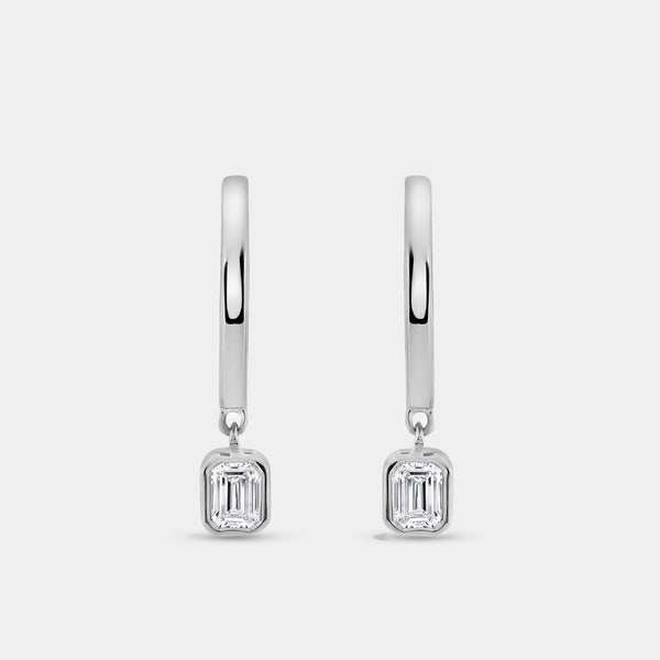 Gilded 3/8 Carat Lab-Grown Diamond Huggie Hoop Earrings with an Emerald-Cut, Bezel-Set Drop