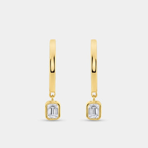 Gilded 3/8 Carat Lab-Grown Diamond Huggie Hoop Earrings with an Emerald-Cut, Bezel-Set Drop