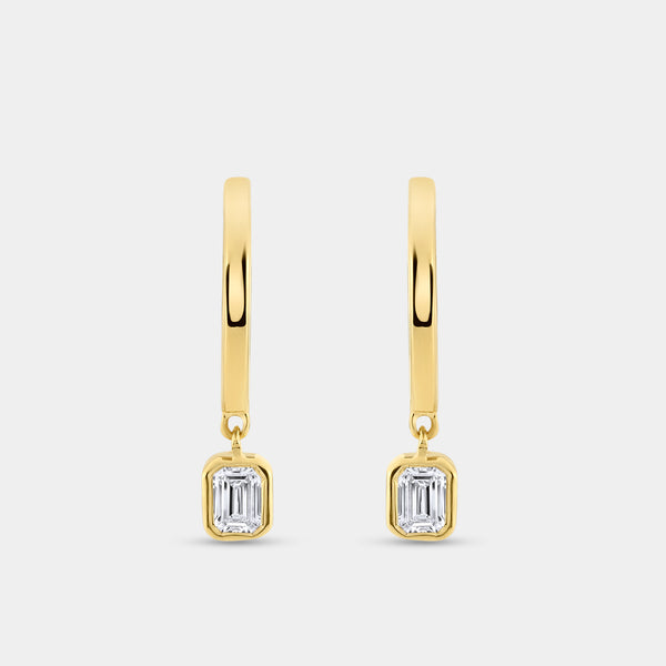 Gilded 3/8 Carat Lab-Grown Diamond Huggie Hoop Earrings with an Emerald-Cut, Bezel-Set Drop
