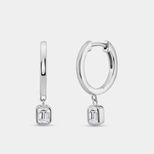 Gilded 3/8 Carat Lab-Grown Diamond Huggie Hoop Earrings with an Emerald-Cut, Bezel-Set Drop