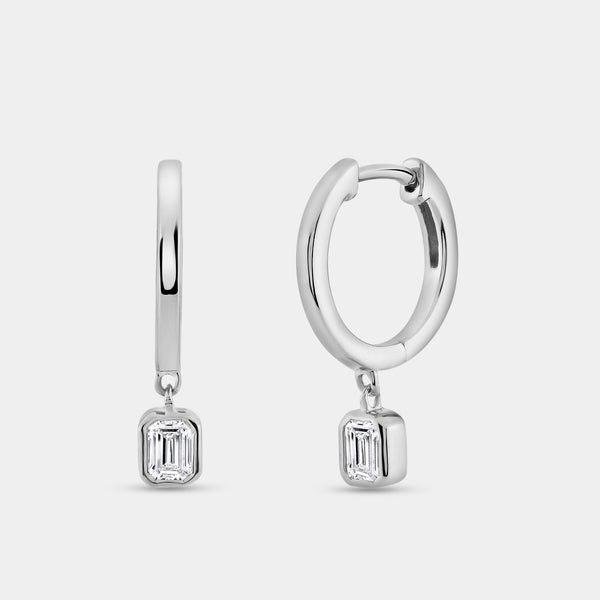 3/8 Carat Lab-Grown Diamond Huggie Hoop Earrings with an Emerald-Cut, Bezel-Set Drop — GILDED New York