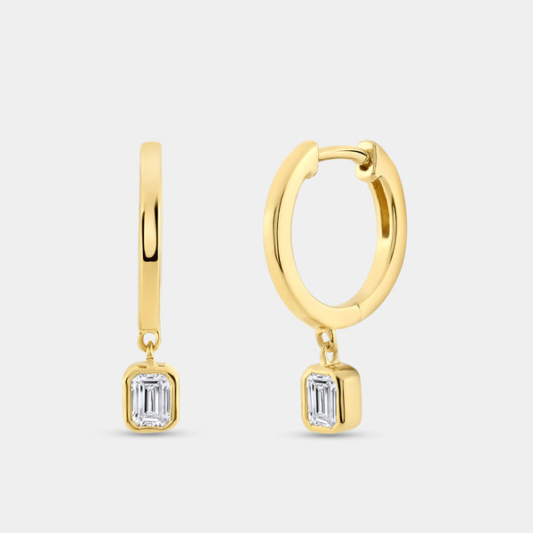 Gilded 3/8 Carat Lab-Grown Diamond Huggie Hoop Earrings with an Emerald-Cut, Bezel-Set Drop