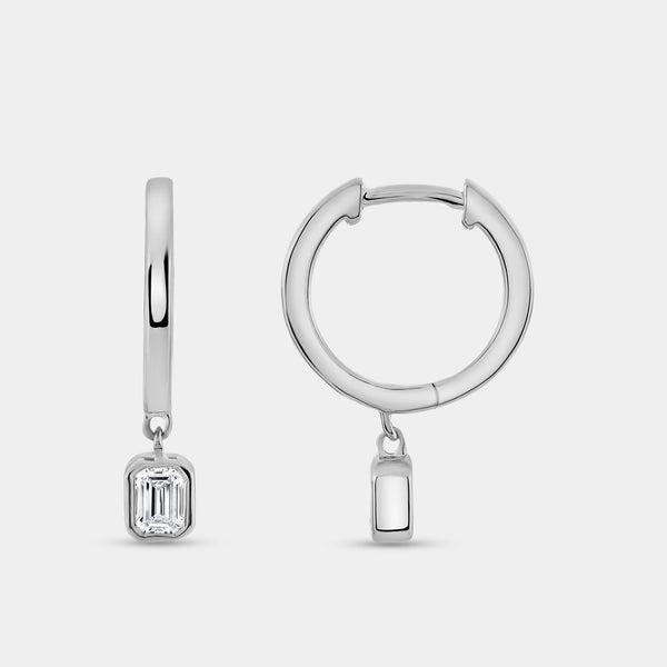 Gilded 3/8 Carat Lab-Grown Diamond Huggie Hoop Earrings with an Emerald-Cut, Bezel-Set Drop