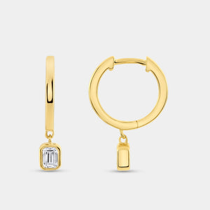 Gilded 3/8 Carat Lab-Grown Diamond Huggie Hoop Earrings with an Emerald-Cut, Bezel-Set Drop