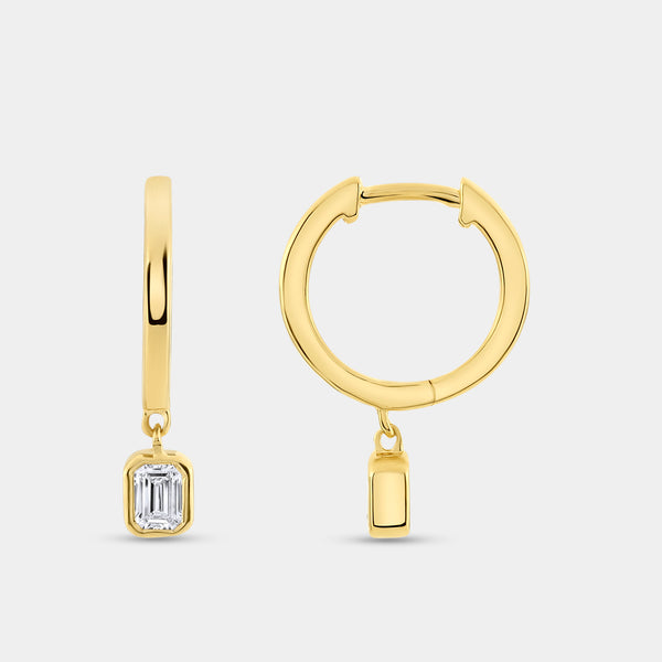 Gilded 3/8 Carat Lab-Grown Diamond Huggie Hoop Earrings with an Emerald-Cut, Bezel-Set Drop