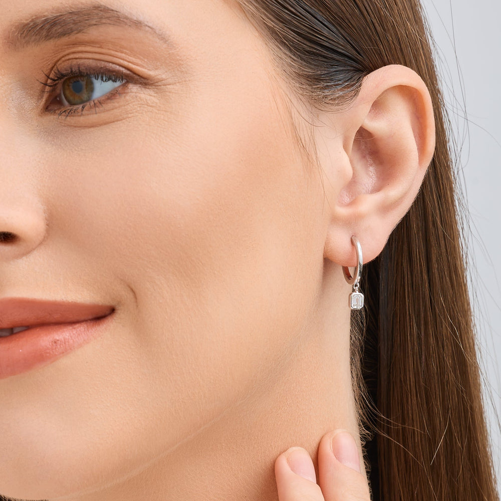 Gilded 3/8 Carat Lab-Grown Diamond Huggie Hoop Earrings with an Emerald-Cut, Bezel-Set Drop