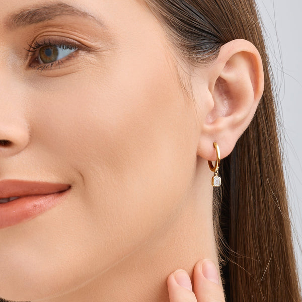 Gilded 3/8 Carat Lab-Grown Diamond Huggie Hoop Earrings with an Emerald-Cut, Bezel-Set Drop