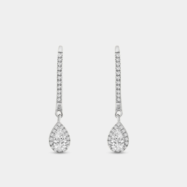 1/2 Carat Lab-Grown Diamond Huggie Hoop Earrings with a Pear-Shaped, Halo Drop — GILDED New York