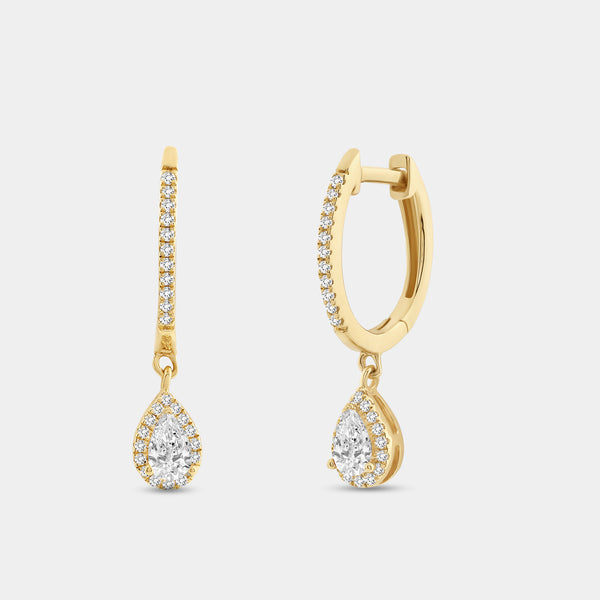 1/2 Carat Lab-Grown Diamond Huggie Hoop Earrings with a Pear-Shaped, Halo Drop — GILDED New York