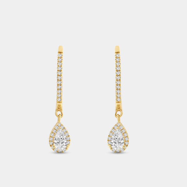 1/2 Carat Lab-Grown Diamond Huggie Hoop Earrings with a Pear-Shaped, Halo Drop — GILDED New York