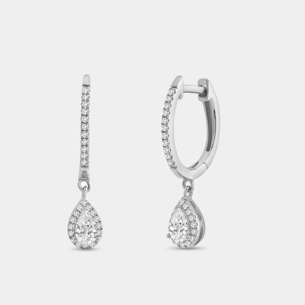 1/2 Carat Lab-Grown Diamond Huggie Hoop Earrings with a Pear-Shaped, Halo Drop — GILDED New York