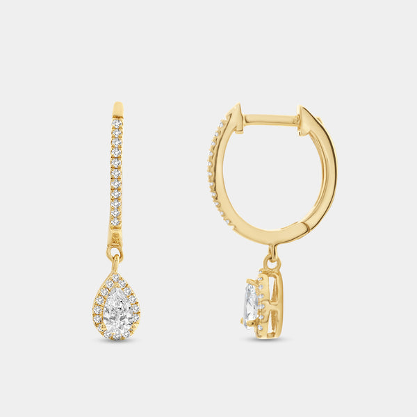 1/2 Carat Lab-Grown Diamond Huggie Hoop Earrings with a Pear-Shaped, Halo Drop — GILDED New York