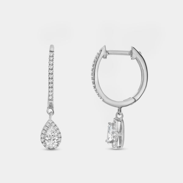1/2 Carat Lab-Grown Diamond Huggie Hoop Earrings with a Pear-Shaped, Halo Drop — GILDED New York