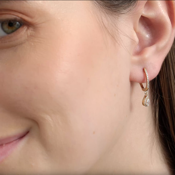 Gilded 1/2 Carat Lab-Grown Diamond Huggie Hoop Earrings with a Pear-Shaped, Halo Drop