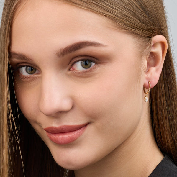 Gilded 1/2 Carat Lab-Grown Diamond Huggie Hoop Earrings with an Oval-Shaped, Halo Drop