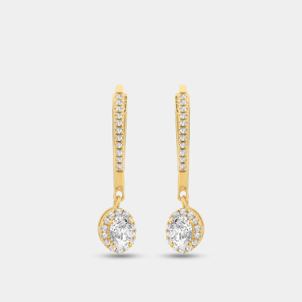 Gilded 1/2 Carat Lab-Grown Diamond Huggie Hoop Earrings with an Oval-Shaped, Halo Drop