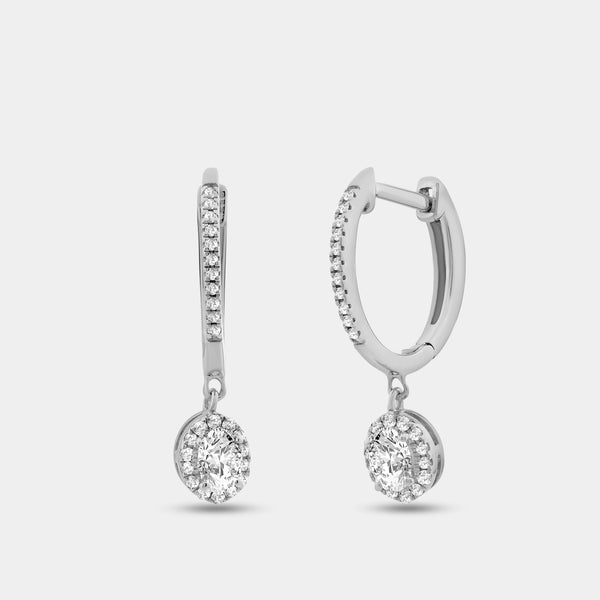 1/2 Carat Lab-Grown Diamond Huggie Hoop Earrings with an Oval-Shaped, Halo Drop — GILDED New York