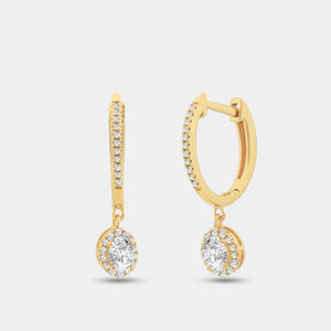Gilded 1/2 Carat Lab-Grown Diamond Huggie Hoop Earrings with an Oval-Shaped, Halo Drop