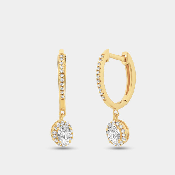 Gilded 1/2 Carat Lab-Grown Diamond Huggie Hoop Earrings with an Oval-Shaped, Halo Drop