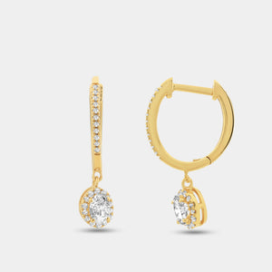 Gilded 1/2 Carat Lab-Grown Diamond Huggie Hoop Earrings with an Oval-Shaped, Halo Drop