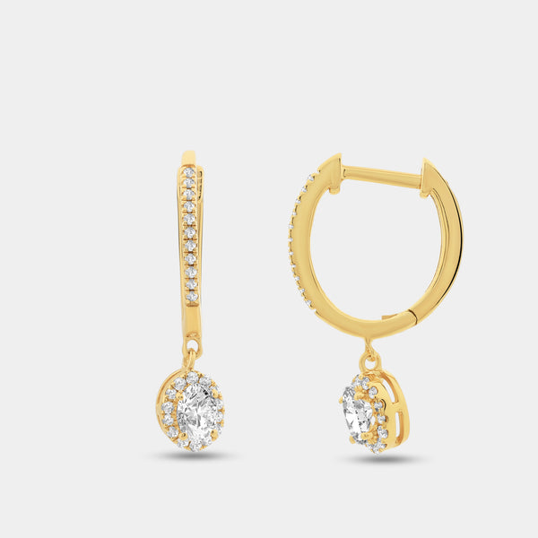 Gilded 1/2 Carat Lab-Grown Diamond Huggie Hoop Earrings with an Oval-Shaped, Halo Drop