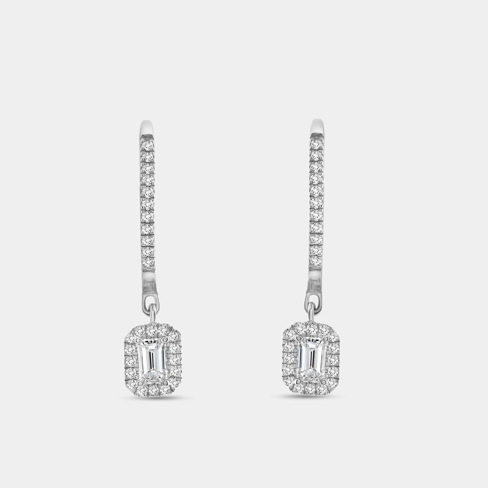 Gilded 1/2 Carat Lab-Grown Diamond Huggie Hoop Earrings with an Emerald-Cut, Halo Drop