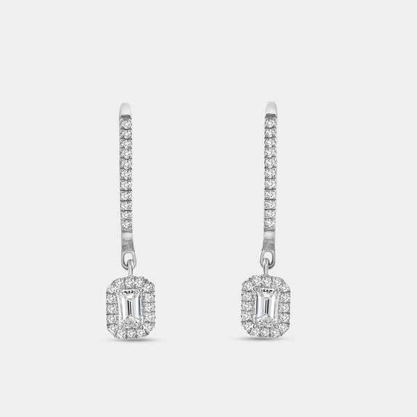 1/2 Carat Lab-Grown Diamond Huggie Hoop Earrings with an Emerald-Cut, Halo Drop — GILDED New York