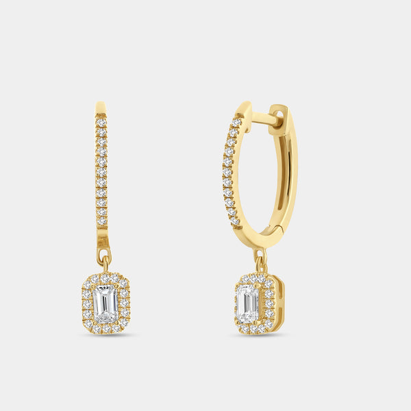 1/2 Carat Lab-Grown Diamond Huggie Hoop Earrings with an Emerald-Cut, Halo Drop — GILDED New York