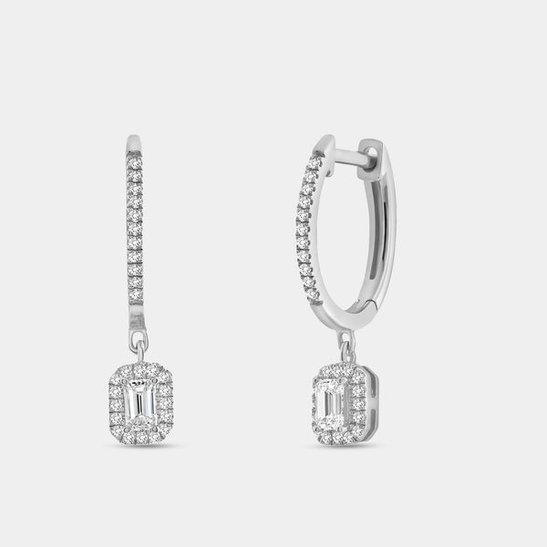 1/2 Carat Lab-Grown Diamond Huggie Hoop Earrings with an Emerald-Cut, Halo Drop — GILDED New York