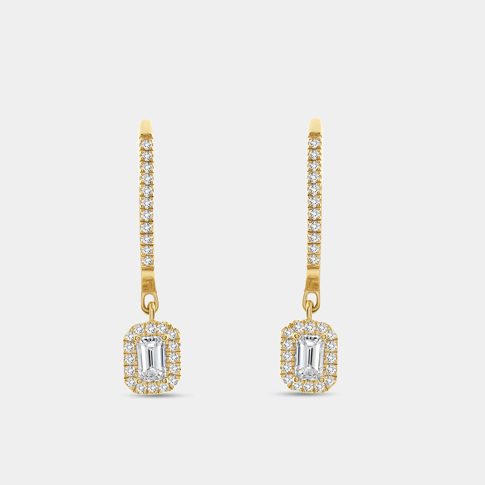 Gilded 1/2 Carat Lab-Grown Diamond Huggie Hoop Earrings with an Emerald-Cut, Halo Drop