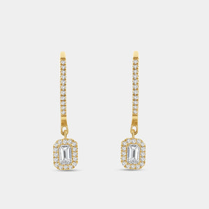 Gilded 1/2 Carat Lab-Grown Diamond Huggie Hoop Earrings with an Emerald-Cut, Halo Drop