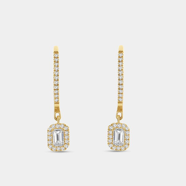 1/2 Carat Lab-Grown Diamond Huggie Hoop Earrings with an Emerald-Cut, Halo Drop — GILDED New York